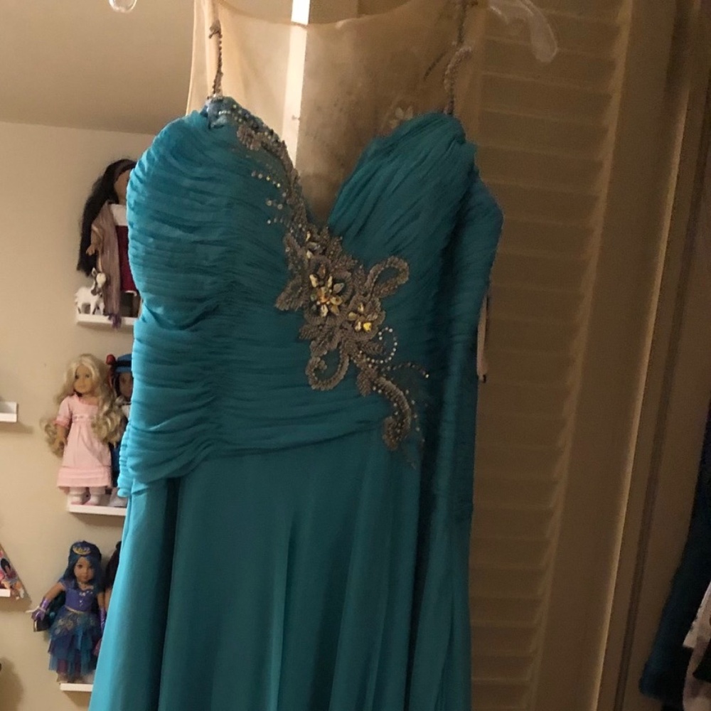 Beautiful turquoise beaded prom dress with wrap!